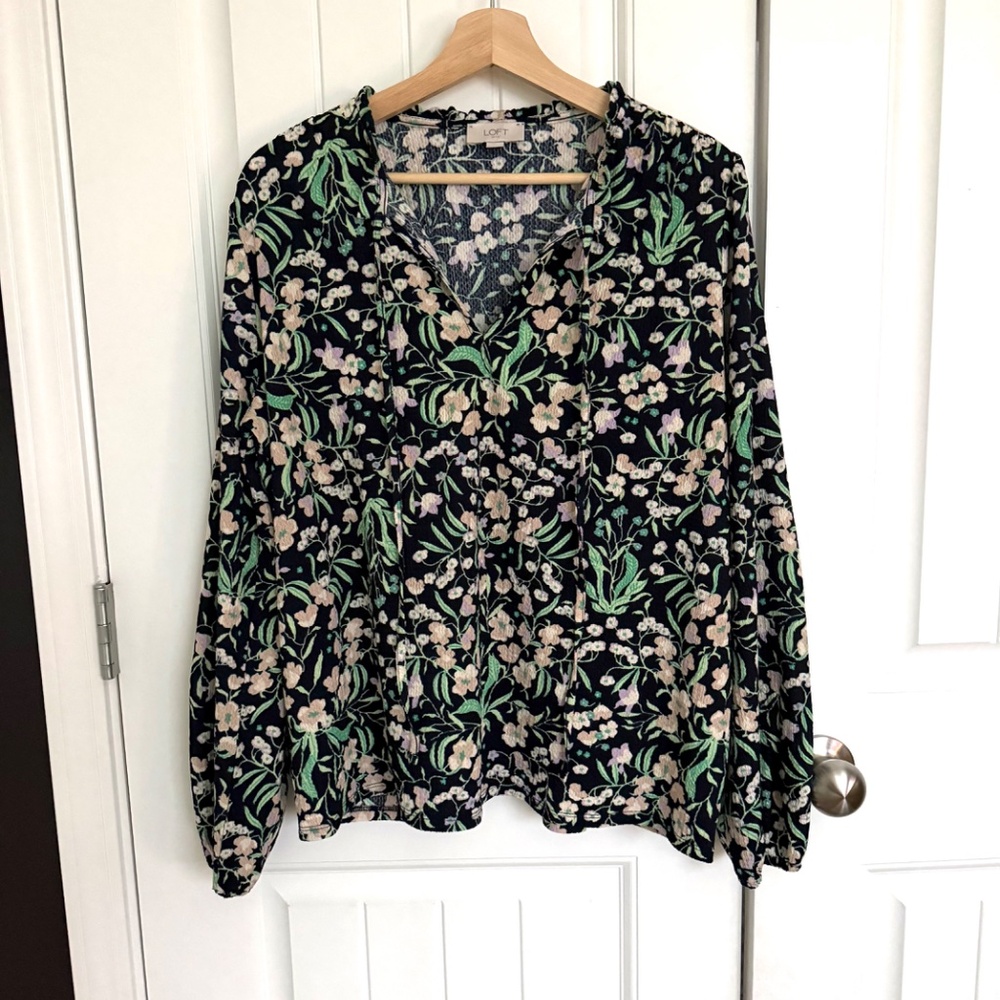 LOFT Outlet Floral Split Neck Peasant Blouse Size M Long Sleeve Boho